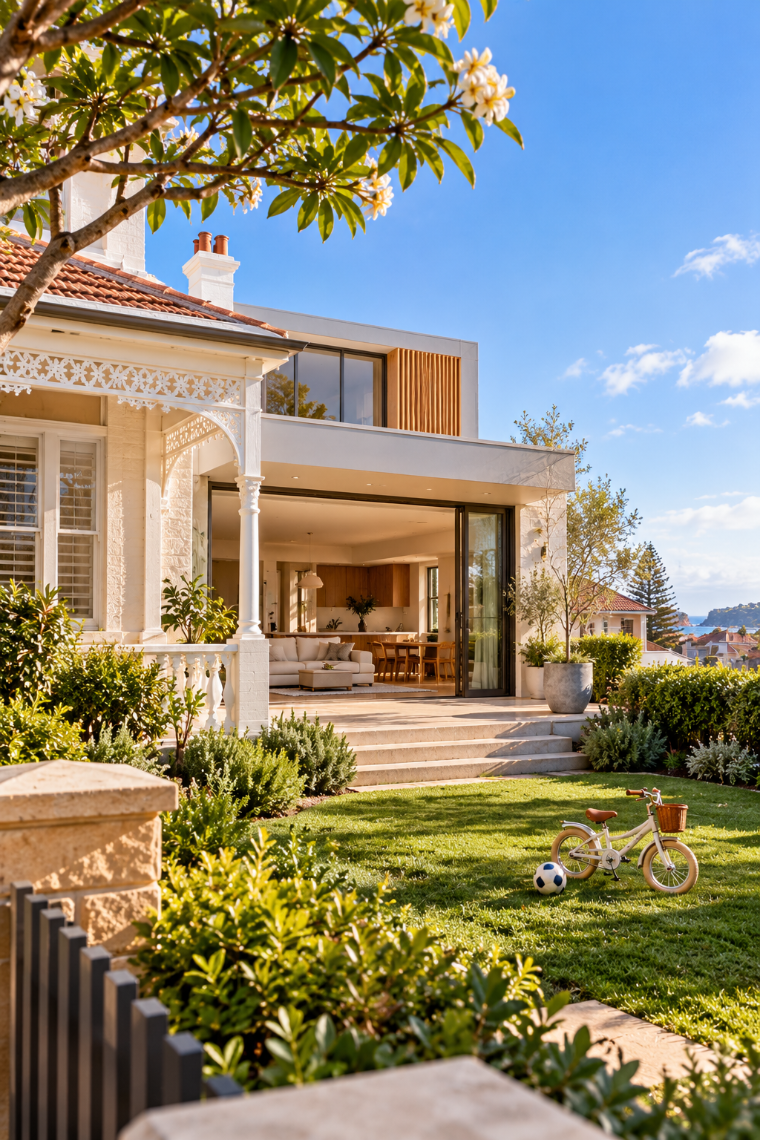 Family home opening onto a leafy garden with a child’s bicycle and football on the lawn.