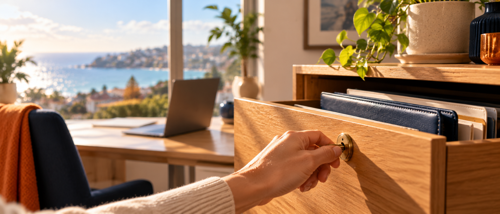 Hand turning a brass key to lock a filing drawer holding personal documents.