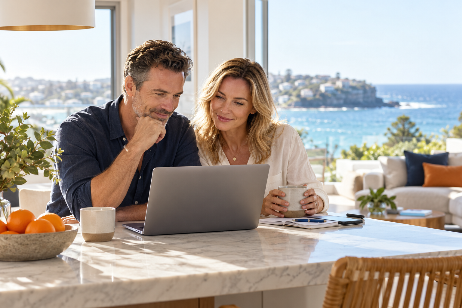 Couple reviewing a laptop at a kitchen island overlooking the coast.